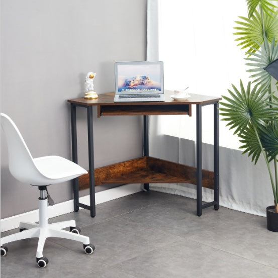 Triangle Computer Desk, Corner Table With Sleek Keyboard Tray And Storage Shelves, Compact Home Office