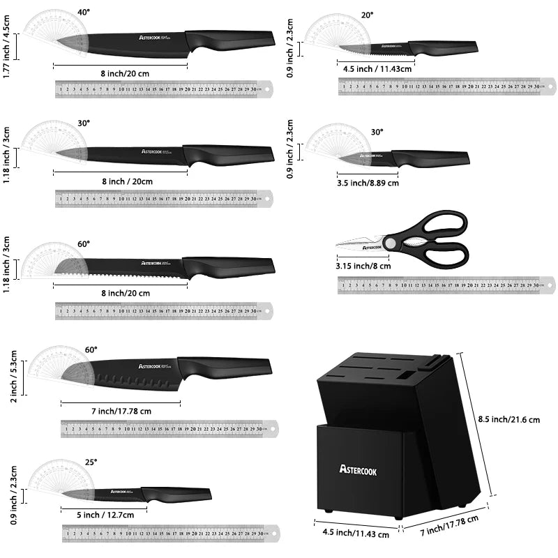 Astercook Kitchen Knife Set with Built-in Sharpener Block