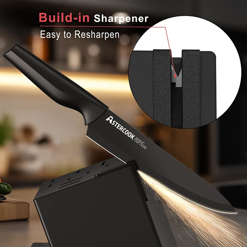 Astercook Kitchen Knife Set with Built-in Sharpener Block