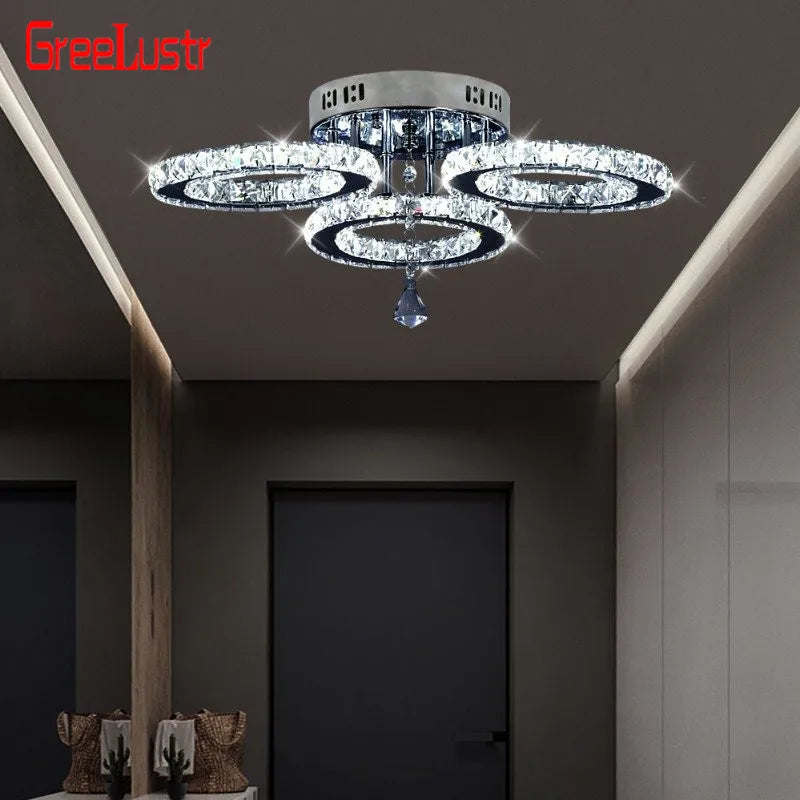 Modern Crystal LED Ceiling Light Fixture, Stainless Steel Ring Plafonnier Lamp for Kids Bedroom & Home Décor