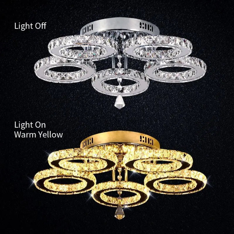 Modern Crystal LED Ceiling Light Fixture, Stainless Steel Ring Plafonnier Lamp for Kids Bedroom & Home Décor