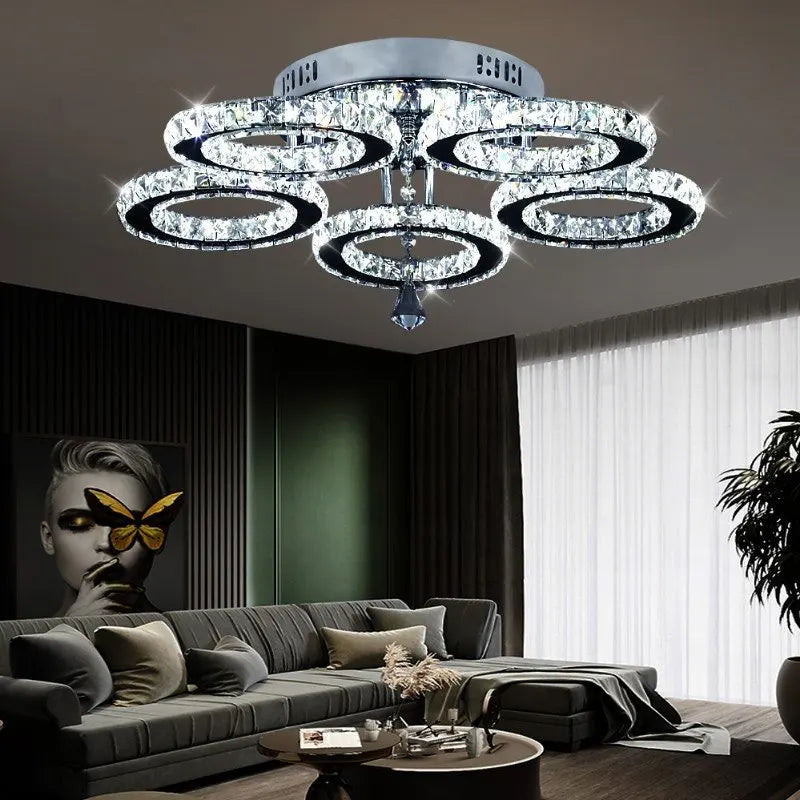 Modern Crystal LED Ceiling Light Fixture, Stainless Steel Ring Plafonnier Lamp for Kids Bedroom & Home Décor