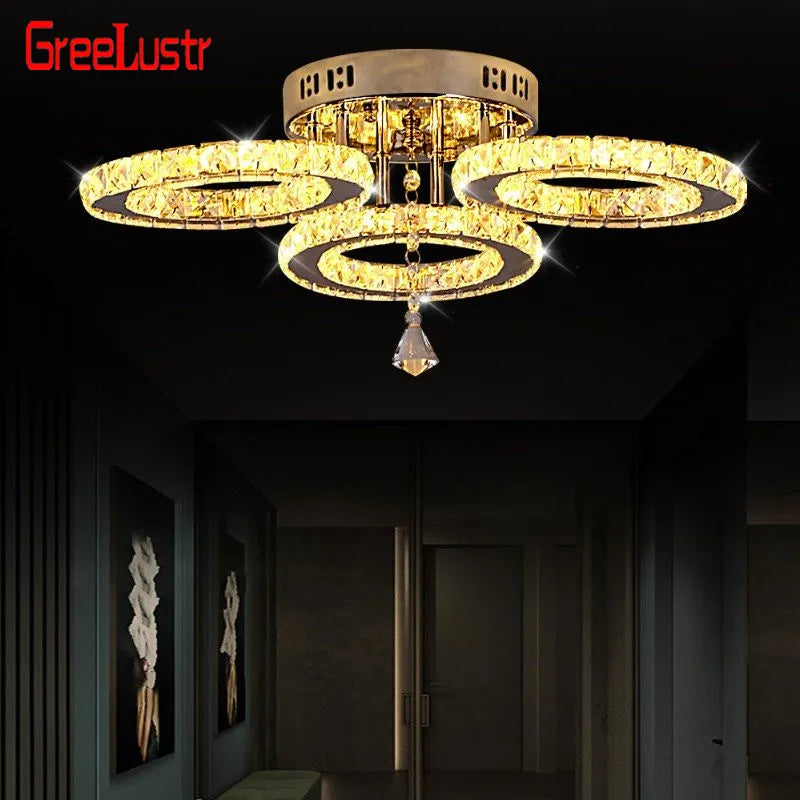 Modern Crystal LED Ceiling Light Fixture, Stainless Steel Ring Plafonnier Lamp for Kids Bedroom & Home Décor