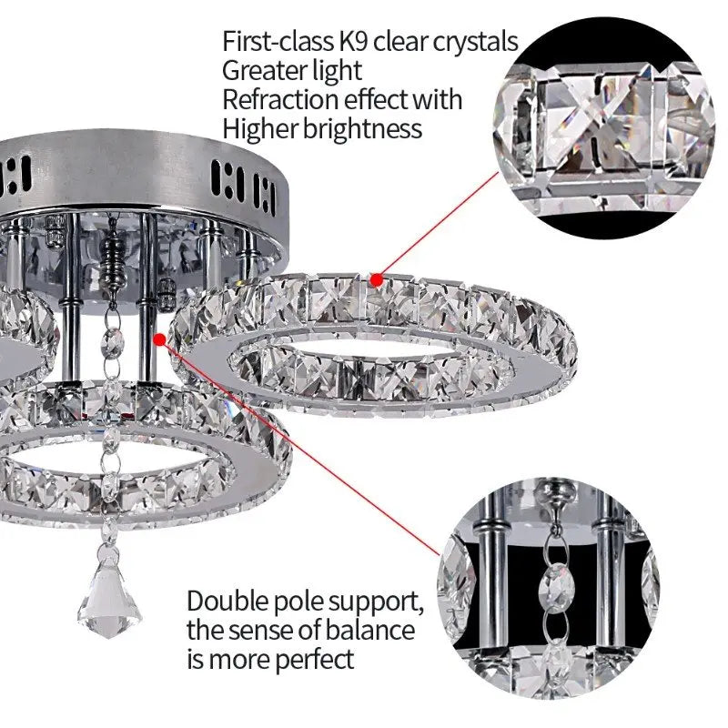 Modern Crystal LED Ceiling Light Fixture, Stainless Steel Ring Plafonnier Lamp for Kids Bedroom & Home Décor