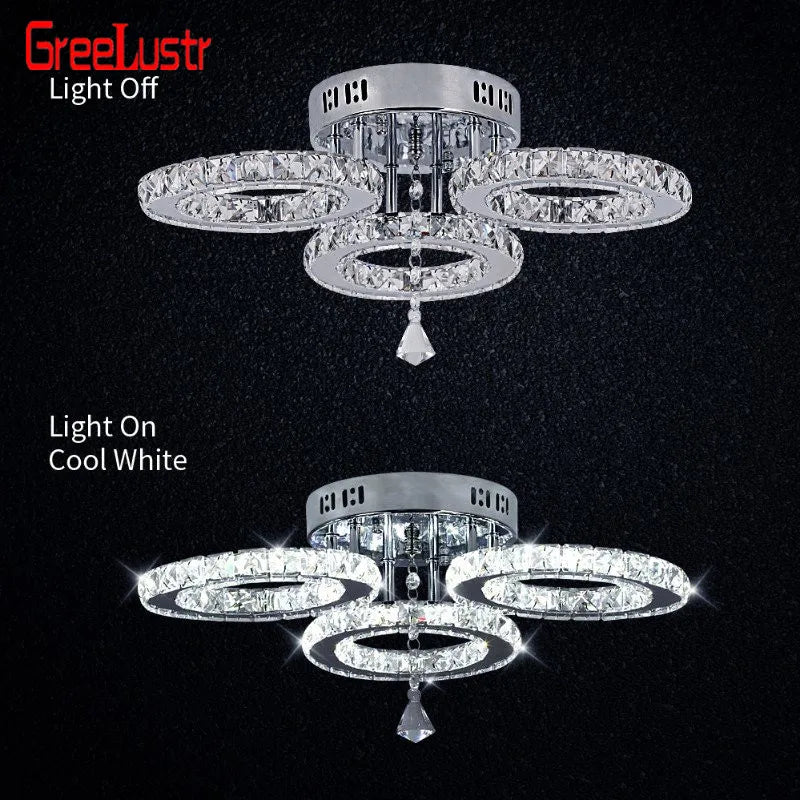 Modern Crystal LED Ceiling Light Fixture, Stainless Steel Ring Plafonnier Lamp for Kids Bedroom & Home Décor