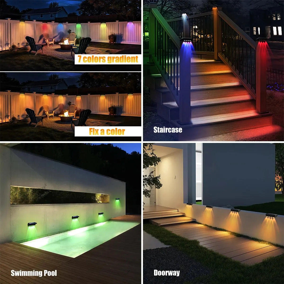 Solar Fence Lights Outdoor - Waterproof RGB Color Changing & Warm White LED Step Lights, IP65