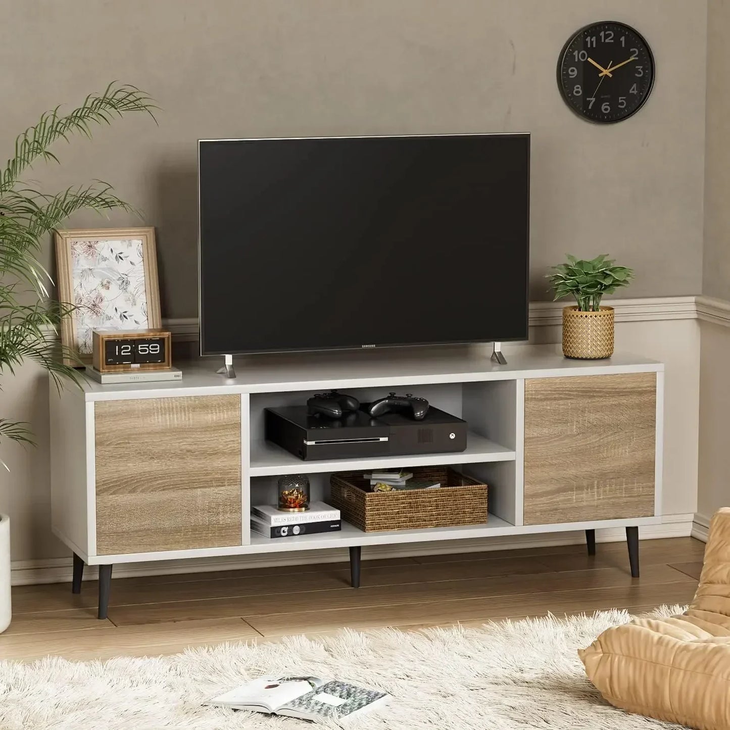 Retro-Style TV Stand for 65" TV with Storage Cabinets