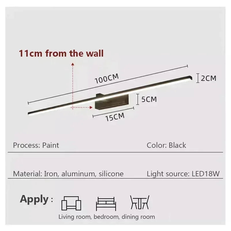 Modern LED Wall Lamp Mirror Décor Lighting 60/80/100cm Long Strip Light