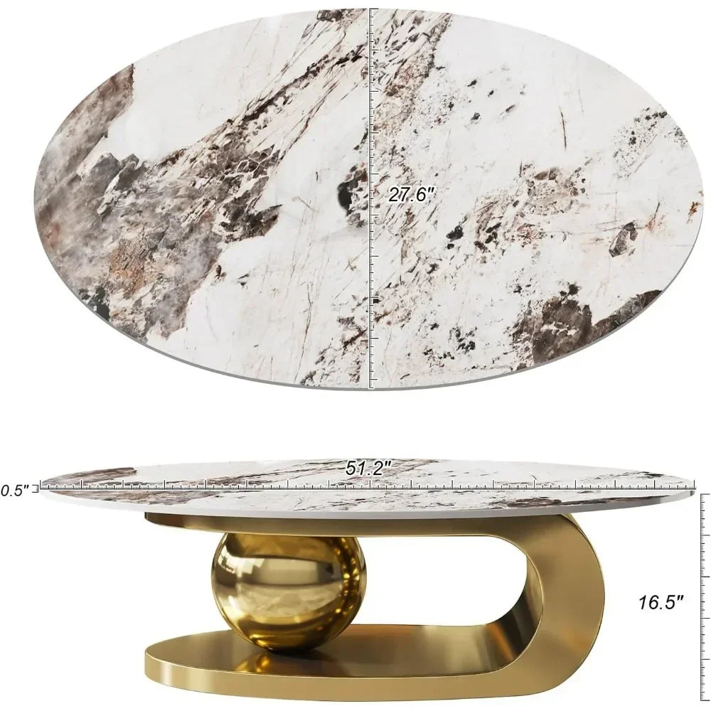 Modern Oval Stone Coffee Table with Gold Metal Base – Elegant Living Room Centerpiece