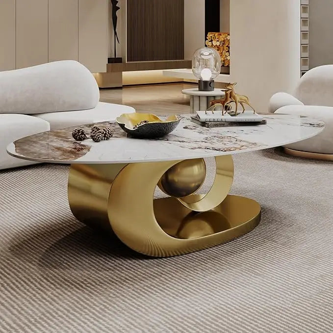 Modern Oval Stone Coffee Table with Gold Metal Base – Elegant Living Room Centerpiece