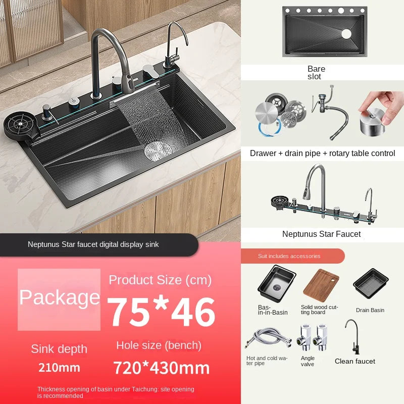 Stainless Steel Kitchen Waterfall Sink Digital Display Large Single Sink Dish Basin Sink With Multifunction Touch-304