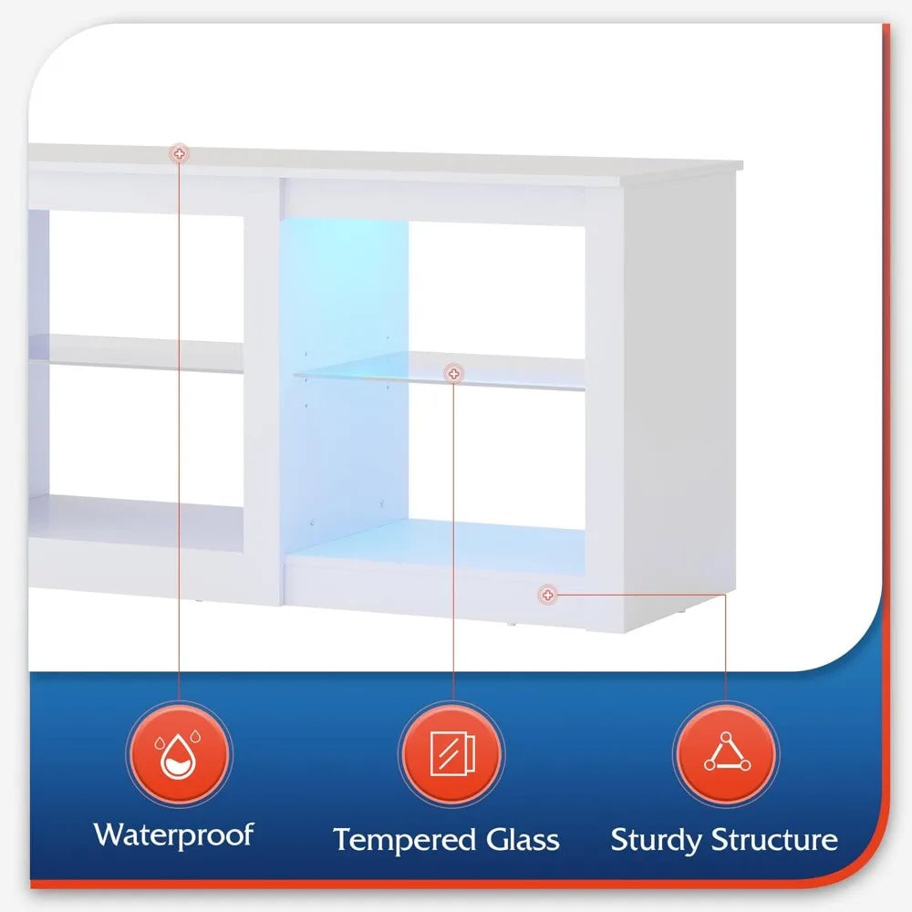 White TV Stand for 65" TV with Adjustable Glass Shelves & LED Lighting