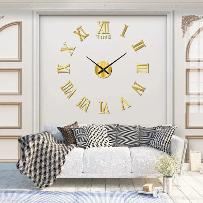 3D Acrylic Roman Numerals Wall Clock – Large Round Mirror Design DIY Self-Adhesive