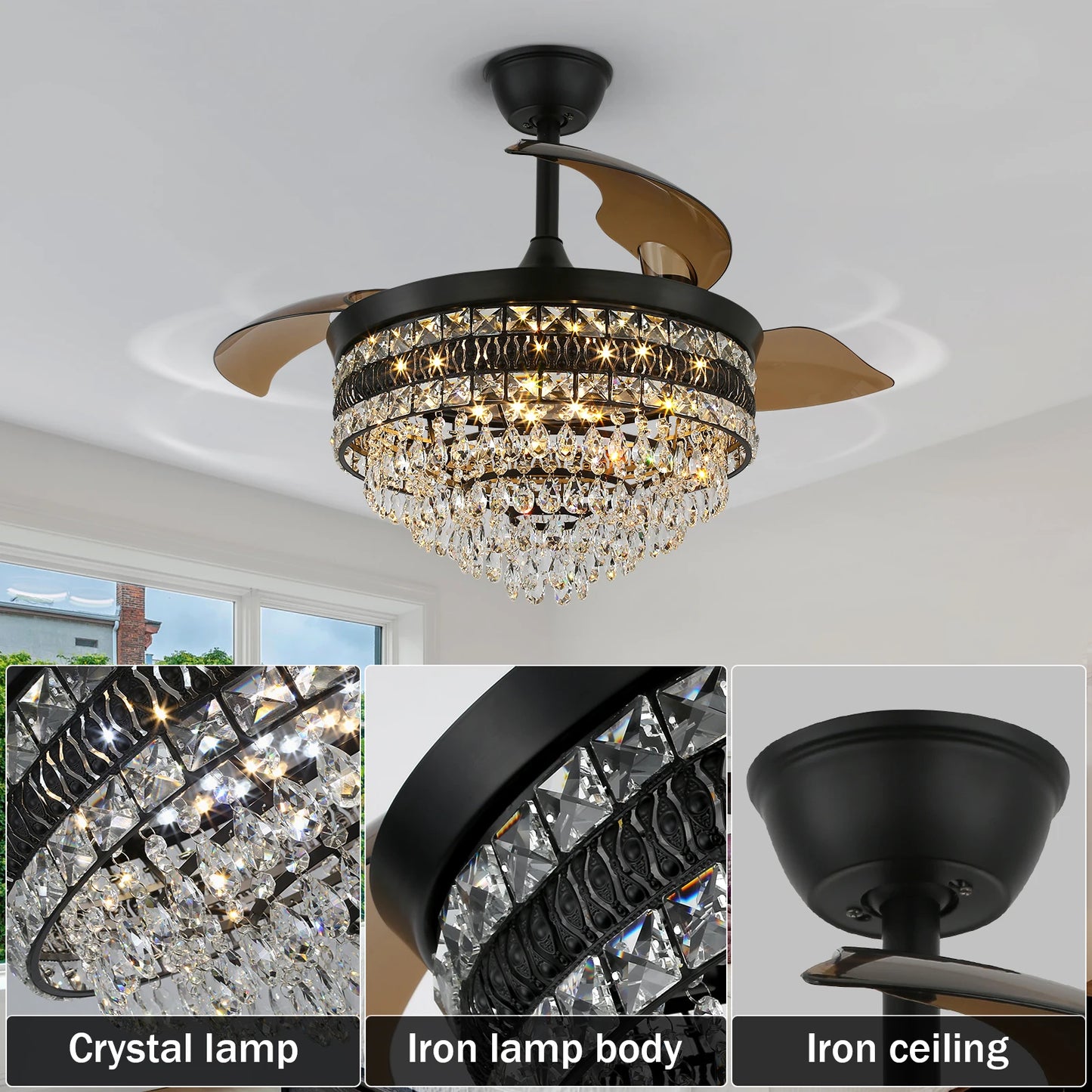 Crystal Fan Pendant Lamp, 42-Inch Dimming Ceiling Chandelier with 6-Speed Fan, Luxury Lighting Fixture