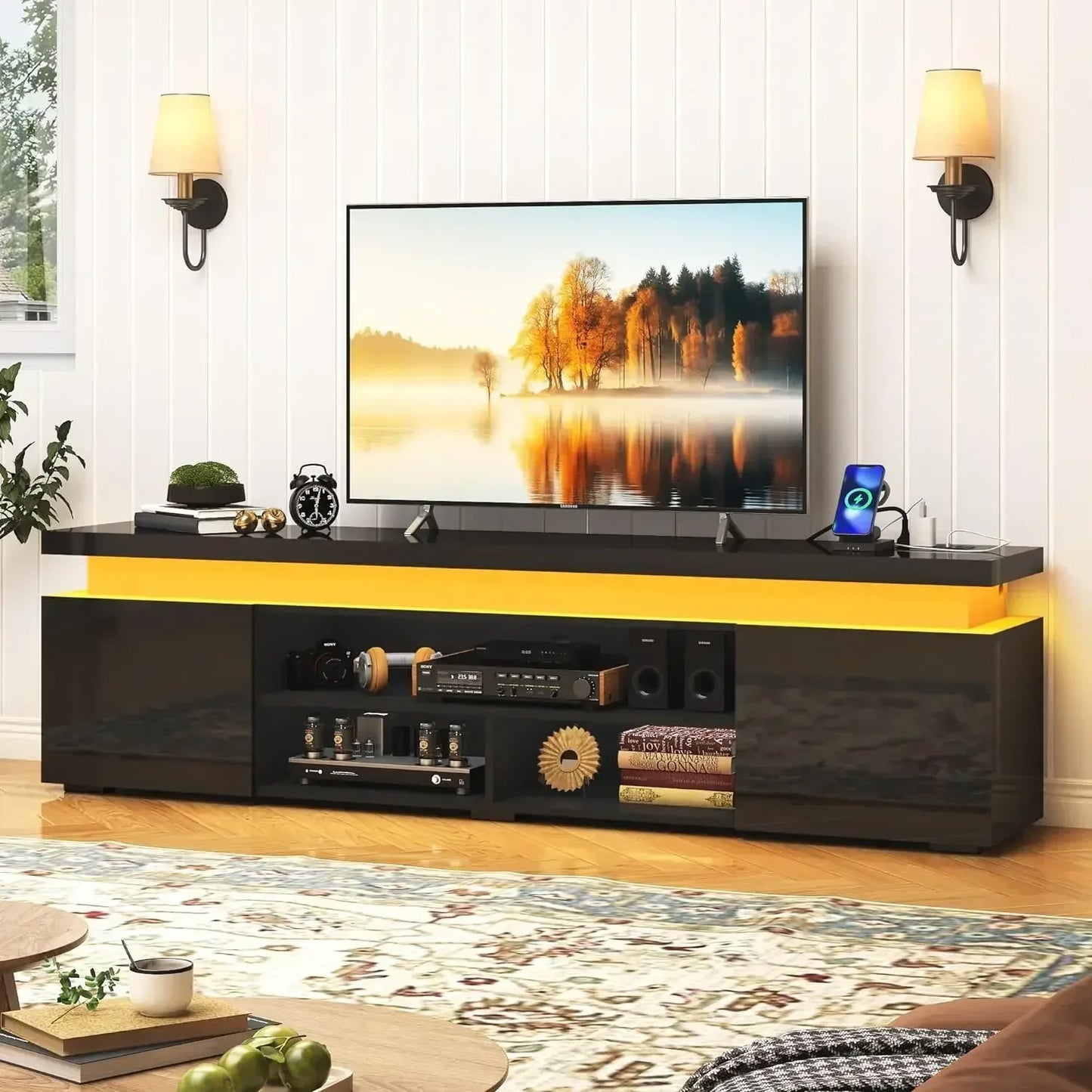 LED TV Stand for 85" TV with Power Outlet, High Gloss Gaming Console & Storage