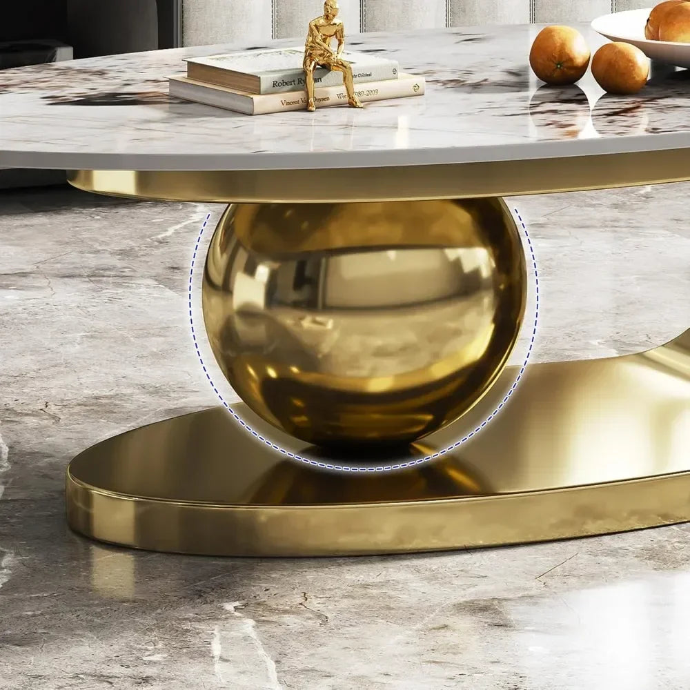 Modern Oval Stone Coffee Table with Gold Metal Base – Elegant Living Room Centerpiece