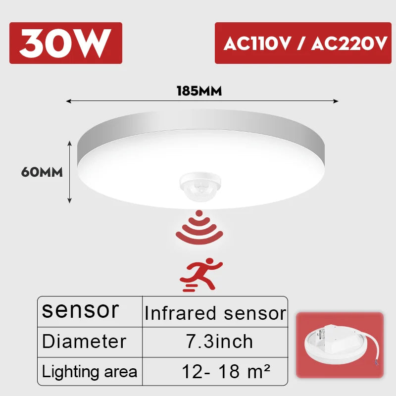 Smart Motion Sensor LED Ceiling Light 110-220V, Infrared Human Detection, 20W/40W for Entrance & Corrido