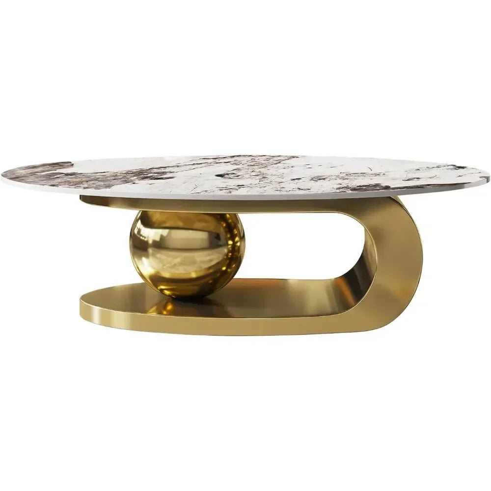 Modern Oval Stone Coffee Table with Gold Metal Base – Elegant Living Room Centerpiece