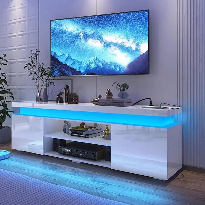 LED TV Stand for 85" TV with Power Outlet, High Gloss Gaming Console & Storage