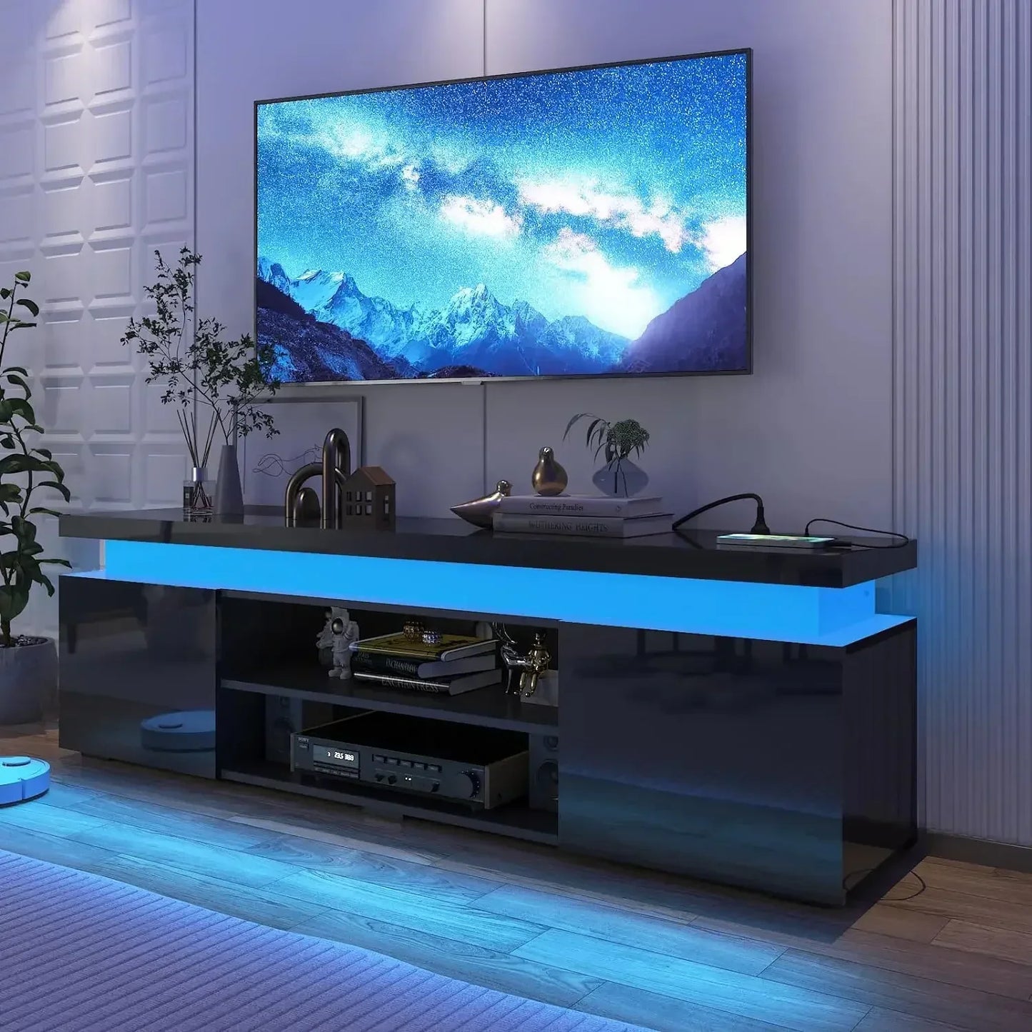 LED TV Stand for 85" TV with Power Outlet, High Gloss Gaming Console & Storage