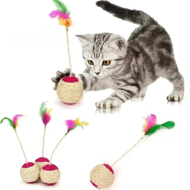 Sisal Scratching Ball Cat Toy – Interactive Training Toy with Feather for Kittens