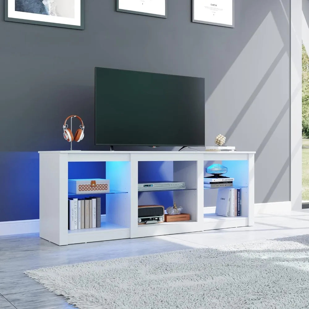 White TV Stand for 65" TV with Adjustable Glass Shelves & LED Lighting