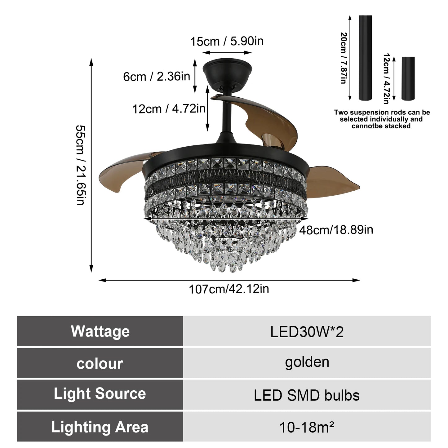 Crystal Fan Pendant Lamp, 42-Inch Dimming Ceiling Chandelier with 6-Speed Fan, Luxury Lighting Fixture