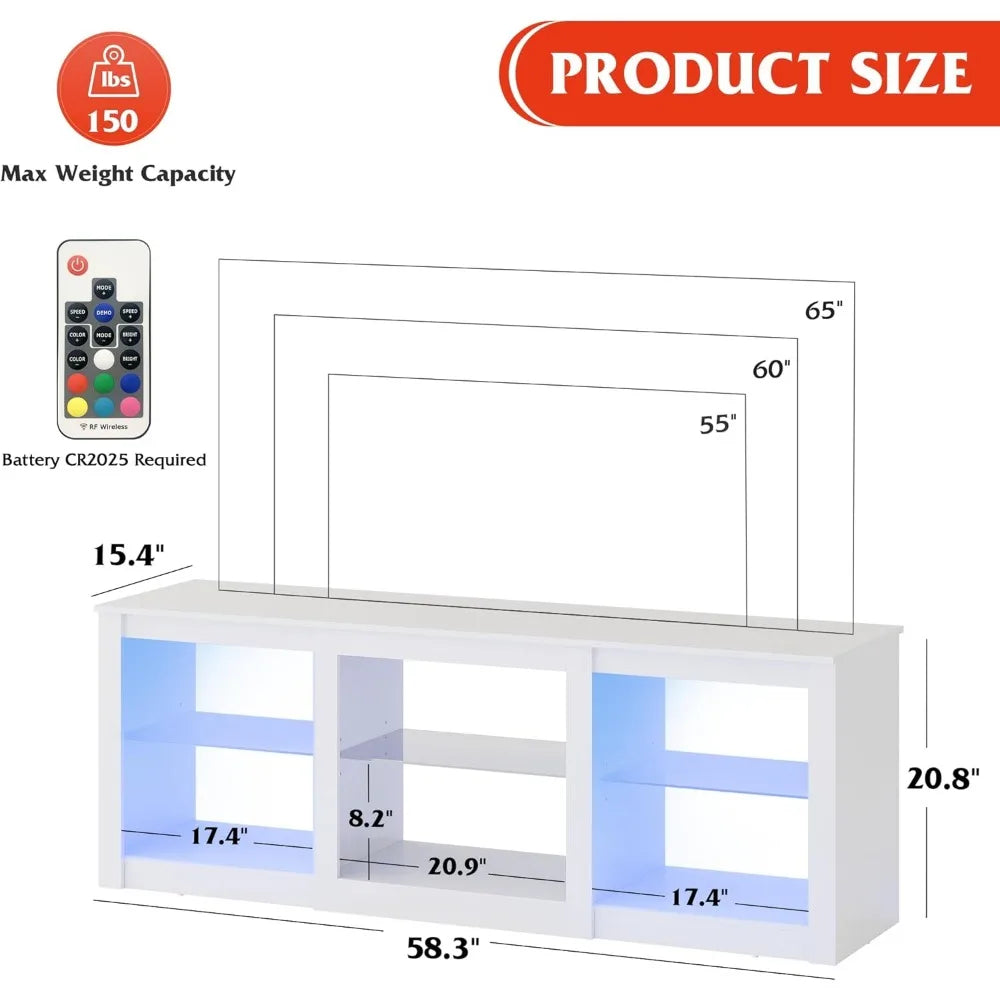 White TV Stand for 65" TV with Adjustable Glass Shelves & LED Lighting