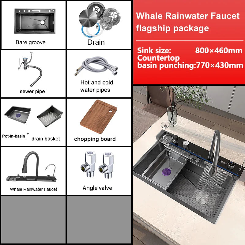 Multifunction Stainless Steel Kitchen Waterfall Sink Digital Display Large Single Sink Dish Basin Sink