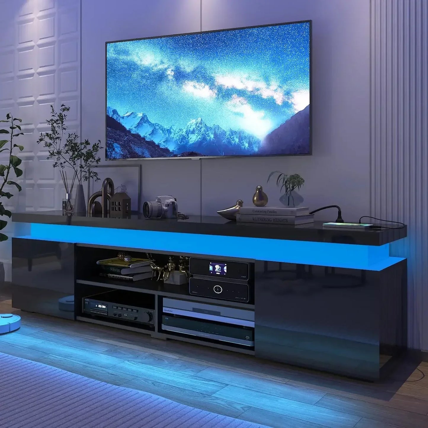 LED TV Stand for 85" TV with Power Outlet, High Gloss Gaming Console & Storage