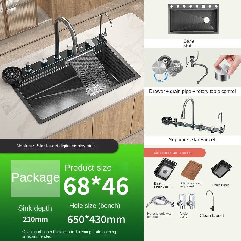 Stainless Steel Kitchen Waterfall Sink Digital Display Large Single Sink Dish Basin Sink With Multifunction Touch-304