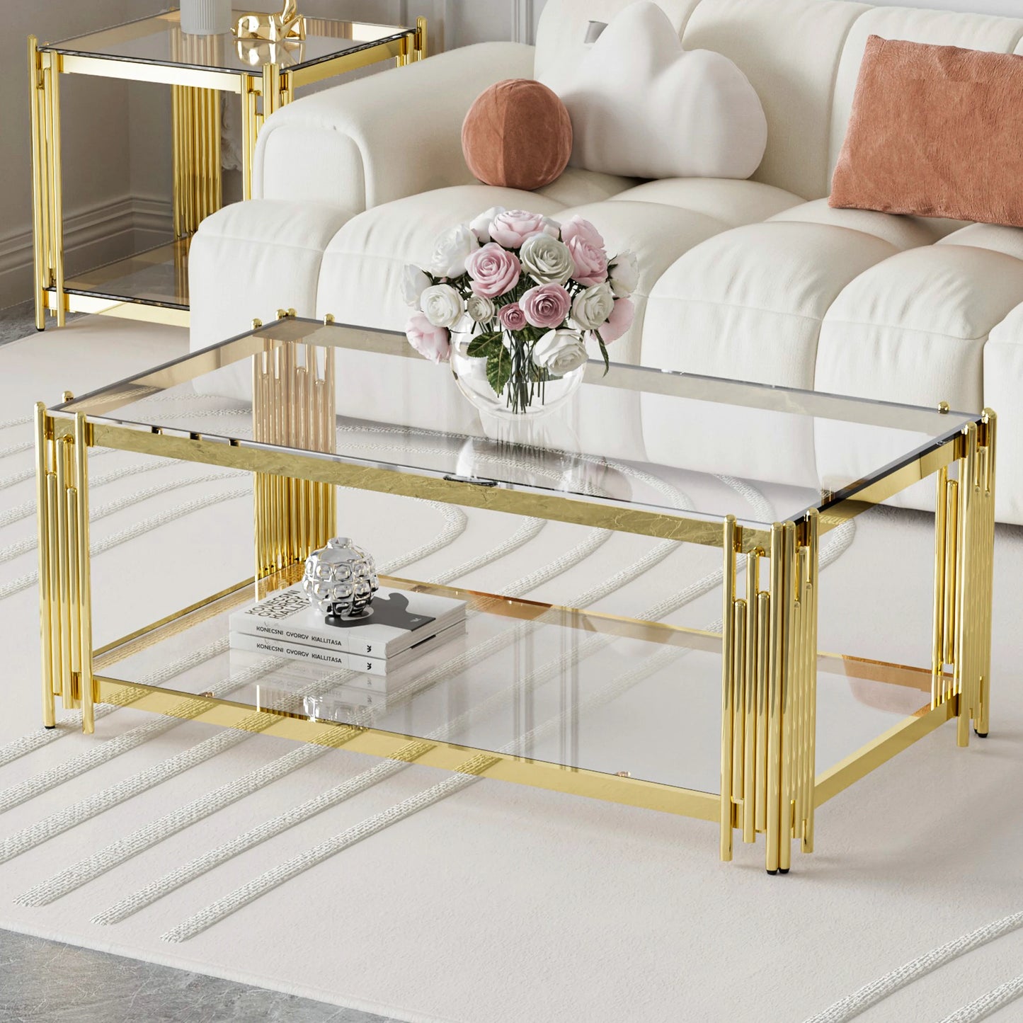 Modern Luxury Gold Coffee Table with Stainless Steel Legs & 8mm Thick Tempered Glass