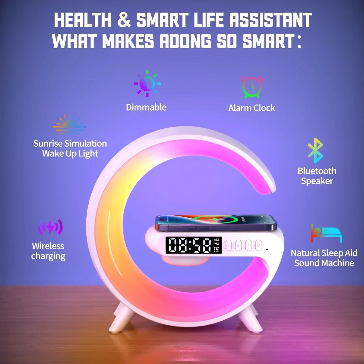 RGB Night Light Alarm Clock – Bluetooth Speaker, 15W Wireless Charger for iPhone 12-16