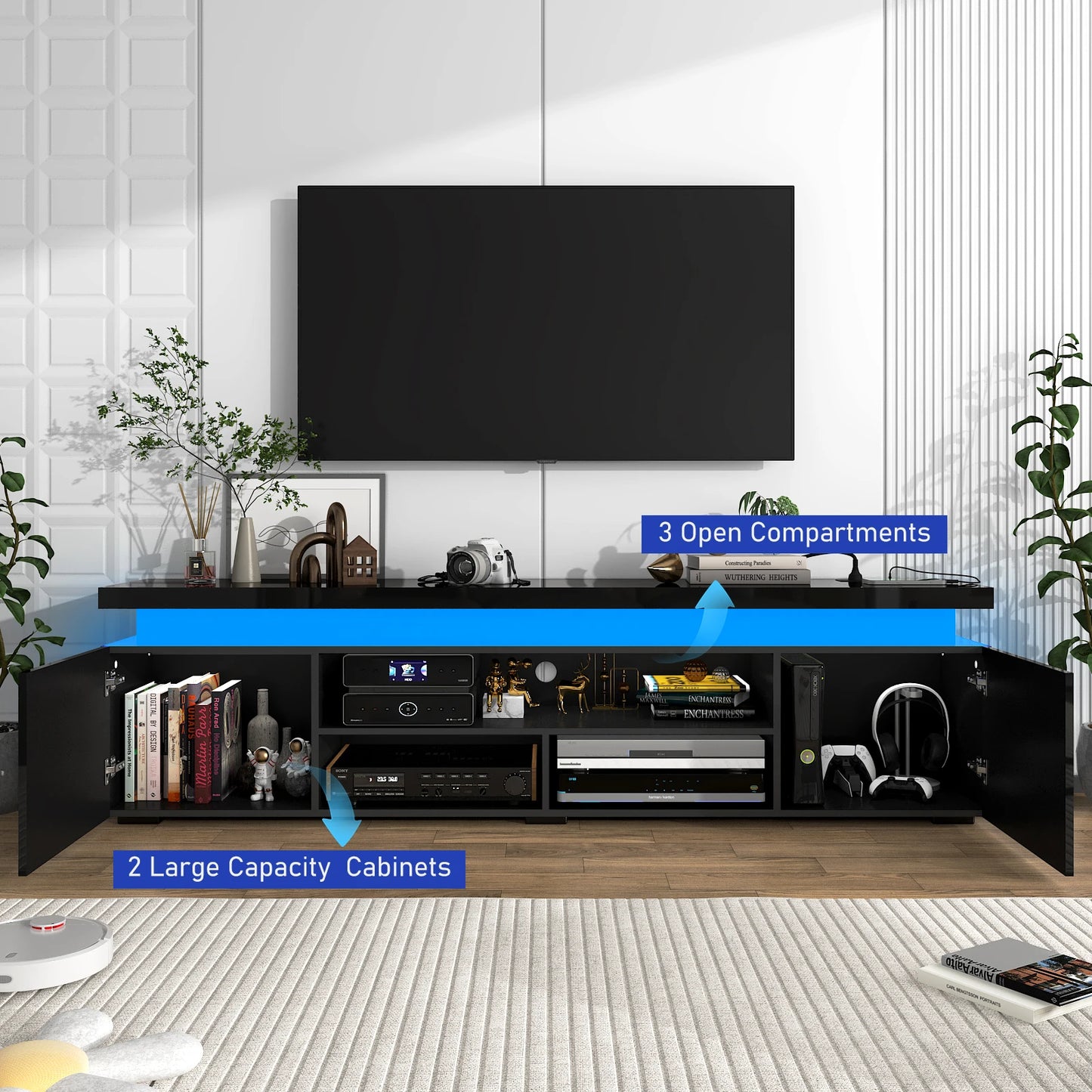 74" LED TV Stand for 80/85" TVs with Power Outlet & High Gloss Storage Cabinet