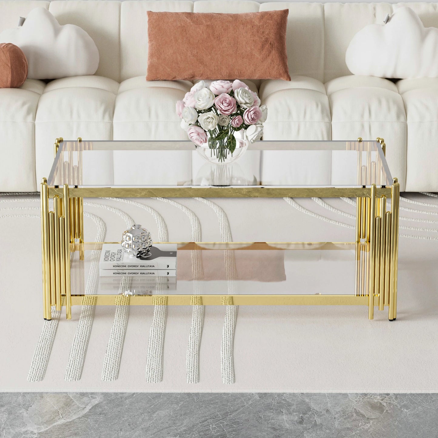 Modern Luxury Gold Coffee Table with Stainless Steel Legs & 8mm Thick Tempered Glass