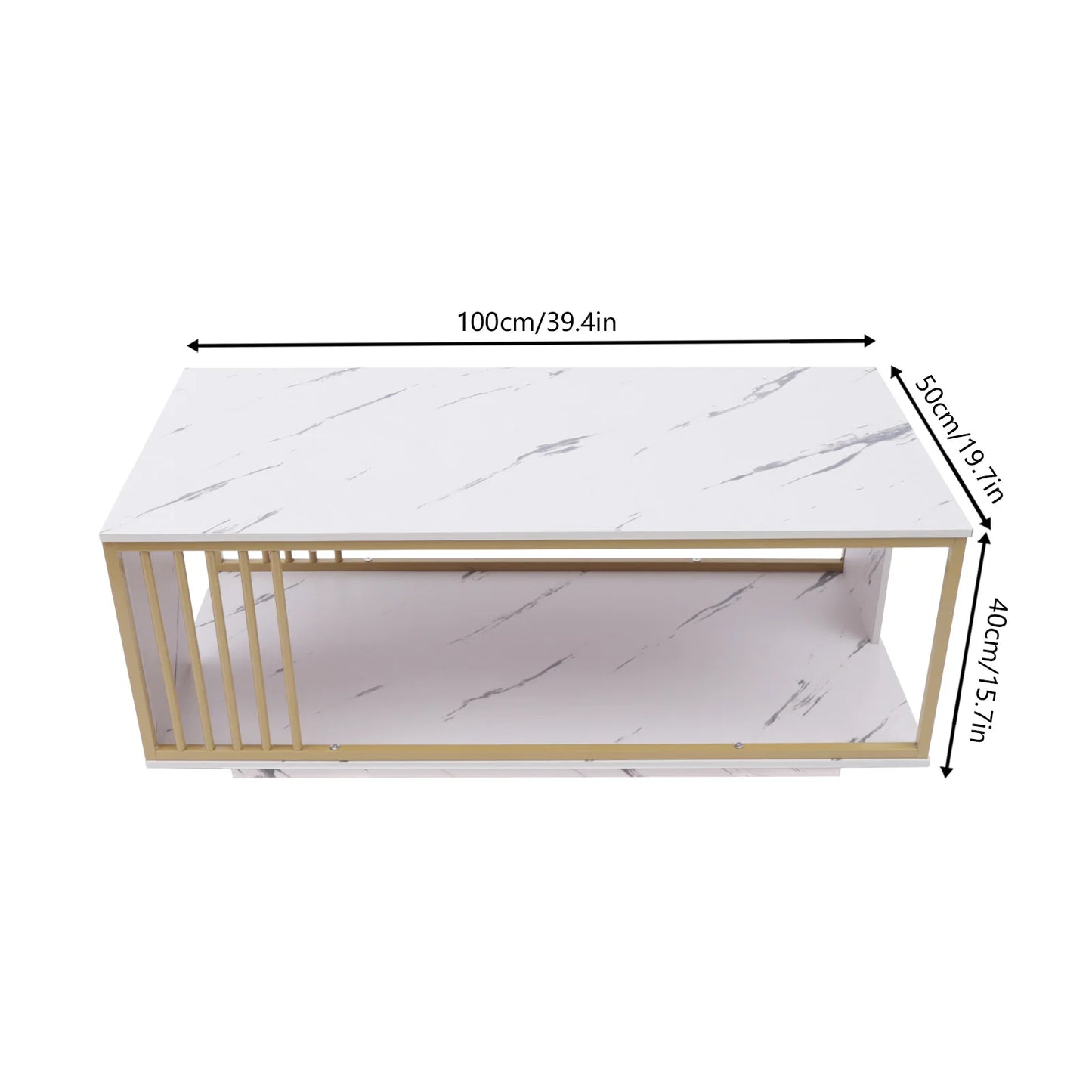 Modern 2-Tier White+Gold Coffee Table High Gloss Marble Veneer Rectangle