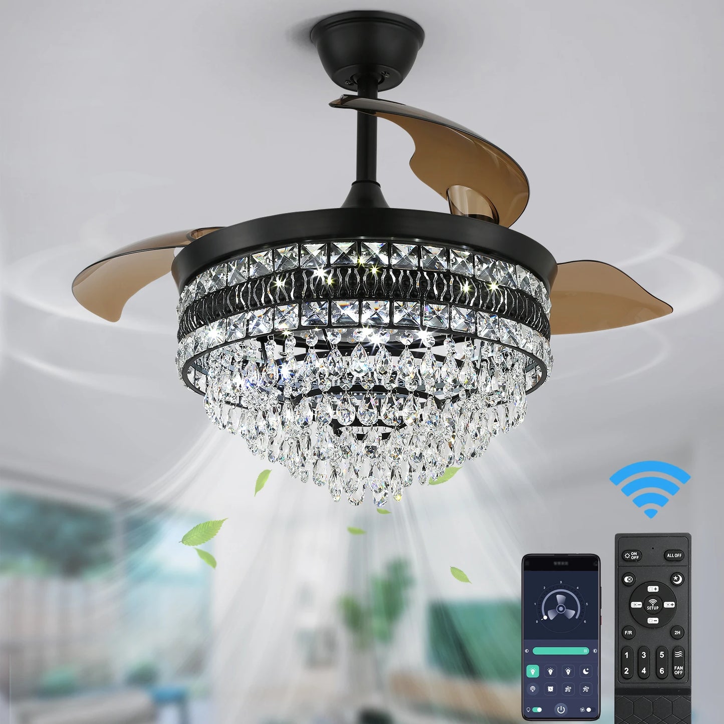 Crystal Fan Pendant Lamp, 42-Inch Dimming Ceiling Chandelier with 6-Speed Fan, Luxury Lighting Fixture