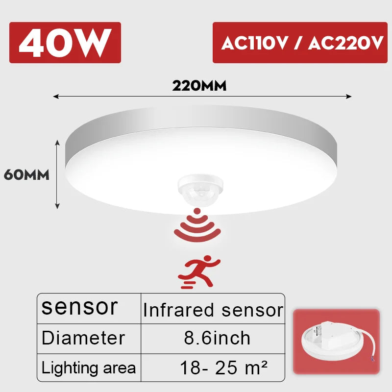 Smart Motion Sensor LED Ceiling Light 110-220V, Infrared Human Detection, 20W/40W for Entrance & Corrido