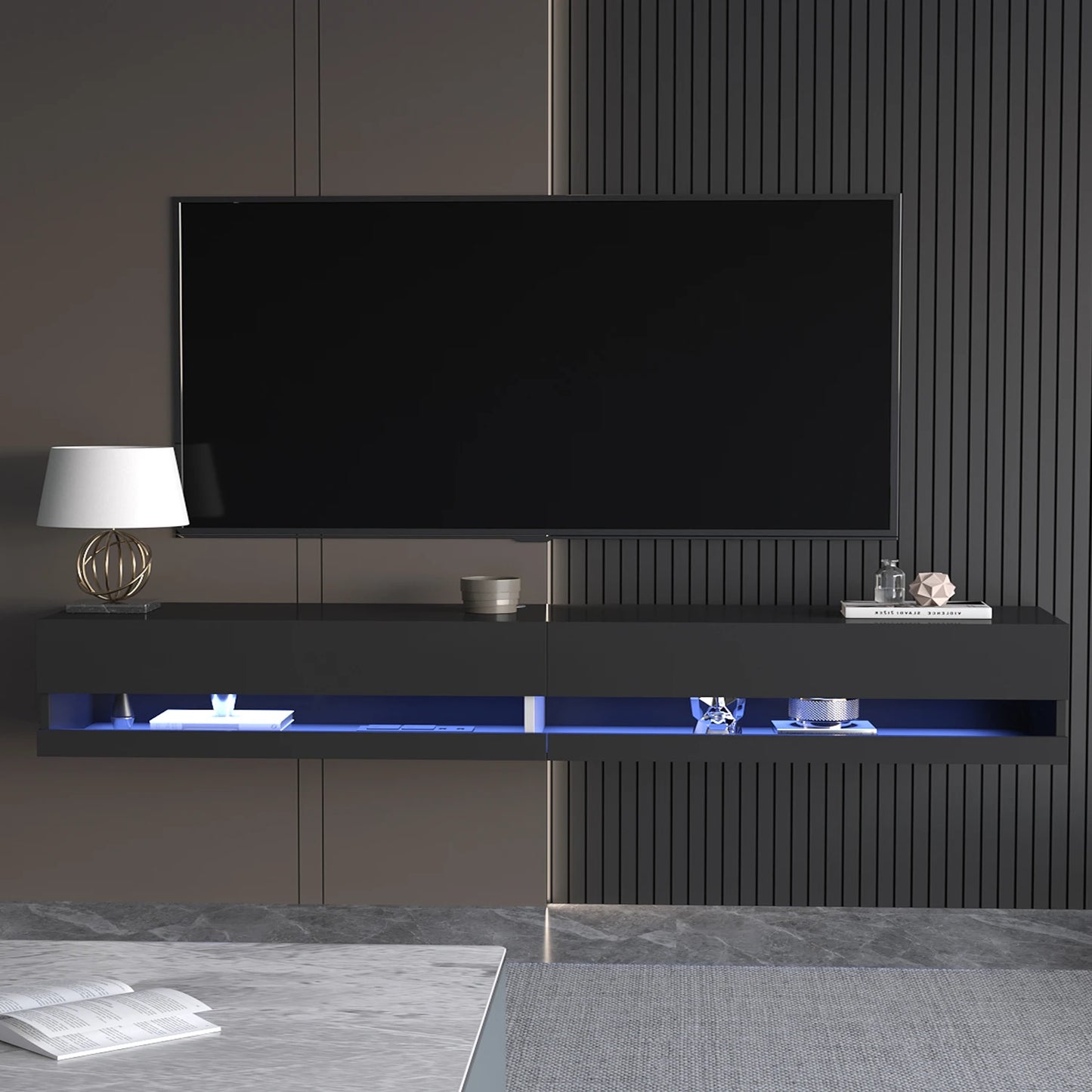 71" Floating TV Stand for 75/80" TVs with LED, Power Outlets & Modern High Gloss Design