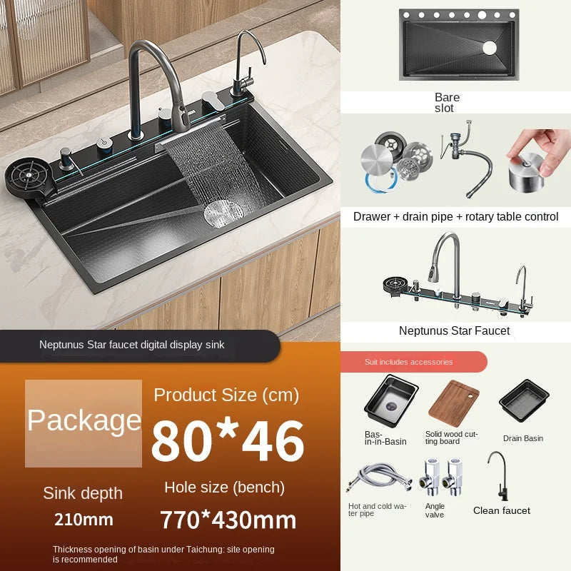 Stainless Steel Kitchen Waterfall Sink Digital Display Large Single Sink Dish Basin Sink With Multifunction Touch-304