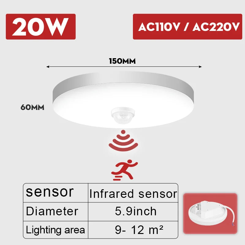 Smart Motion Sensor LED Ceiling Light 110-220V, Infrared Human Detection, 20W/40W for Entrance & Corrido