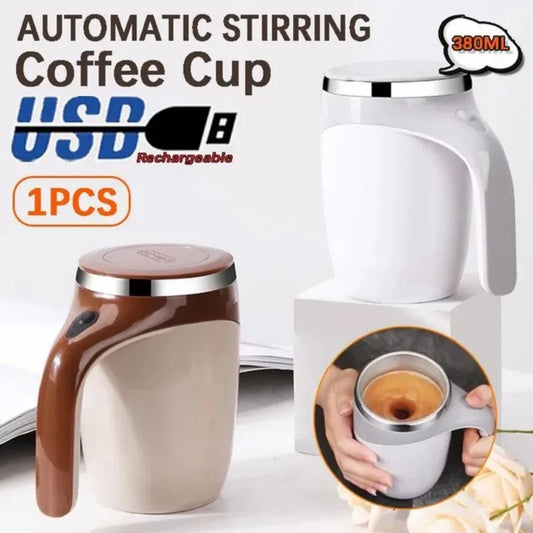 Rechargeable Electric Stirring Mug – 380ml Stainless Steel Magnetic Mixer for Coffee & Milk