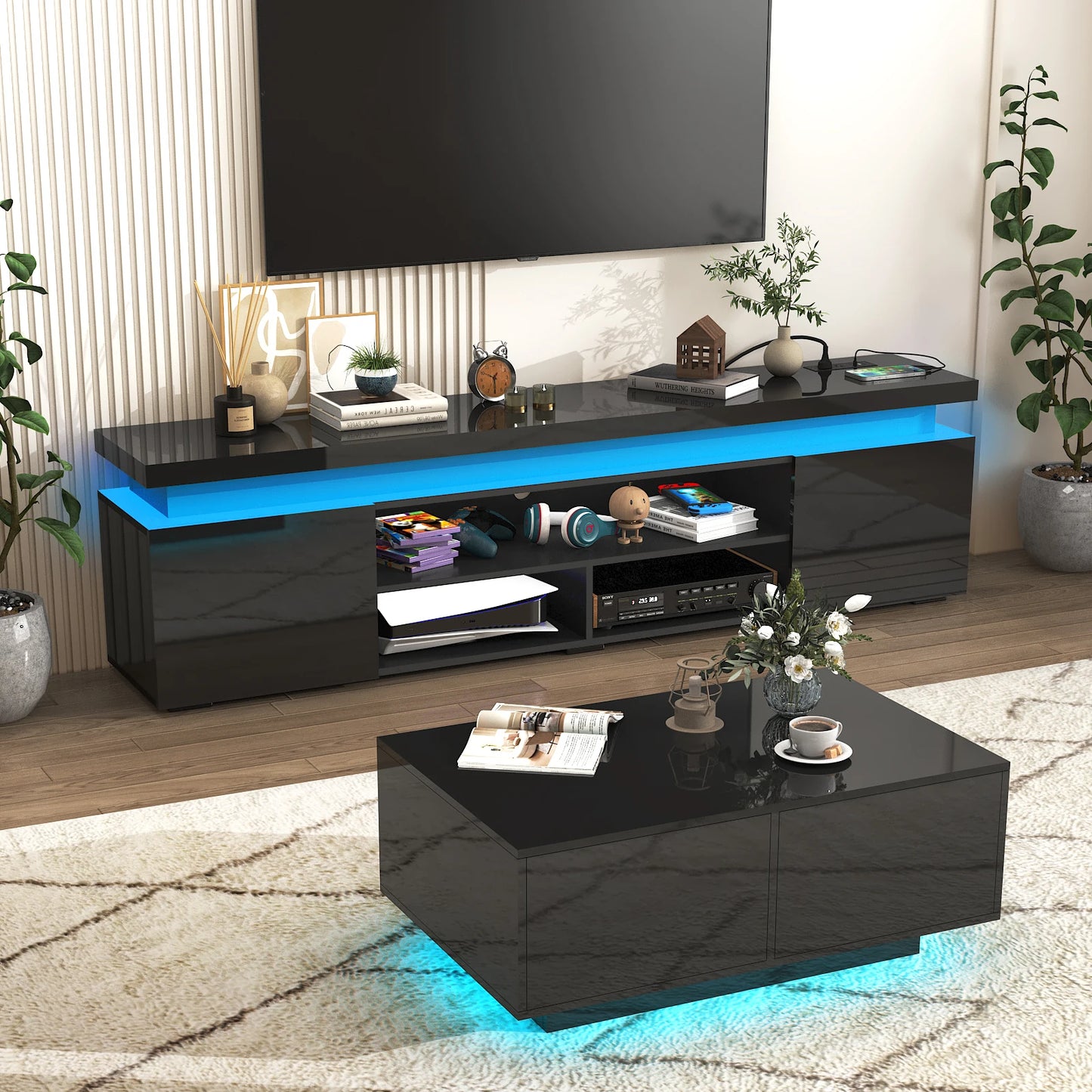 74" LED TV Stand for 80/85" TVs with Power Outlet & High Gloss Storage Cabinet