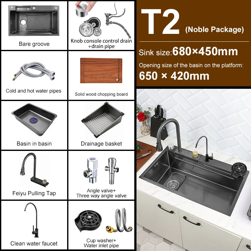 Multifunction Stainless Steel Kitchen Waterfall Sink Digital Display Large Single Sink Dish Basin Sink