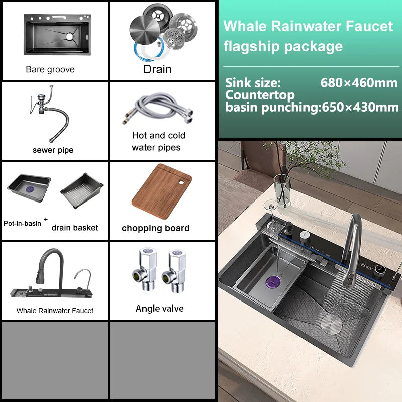 Multifunction Stainless Steel Kitchen Waterfall Sink Digital Display Large Single Sink Dish Basin Sink