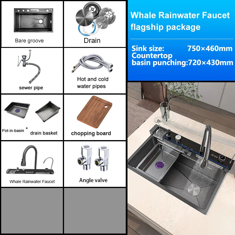 Multifunction Stainless Steel Kitchen Waterfall Sink Digital Display Large Single Sink Dish Basin Sink