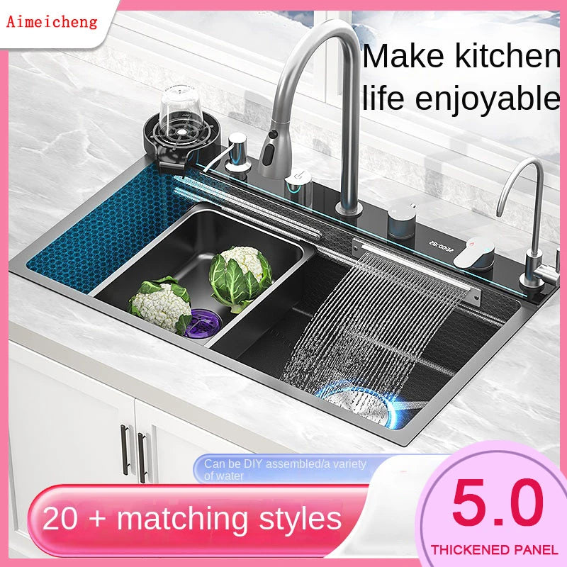 Stainless Steel Kitchen Waterfall Sink Digital Display Large Single Sink Dish Basin Sink With Multifunction Touch-304