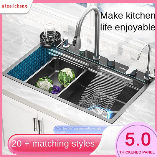 Stainless Steel Kitchen Waterfall Sink Digital Display Large Single Sink Dish Basin Sink With Multifunction Touch-304