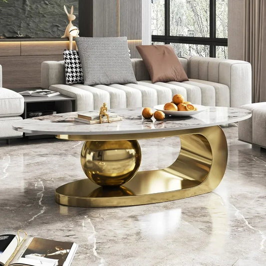 Modern Oval Stone Coffee Table with Gold Metal Base – Elegant Living Room Centerpiece