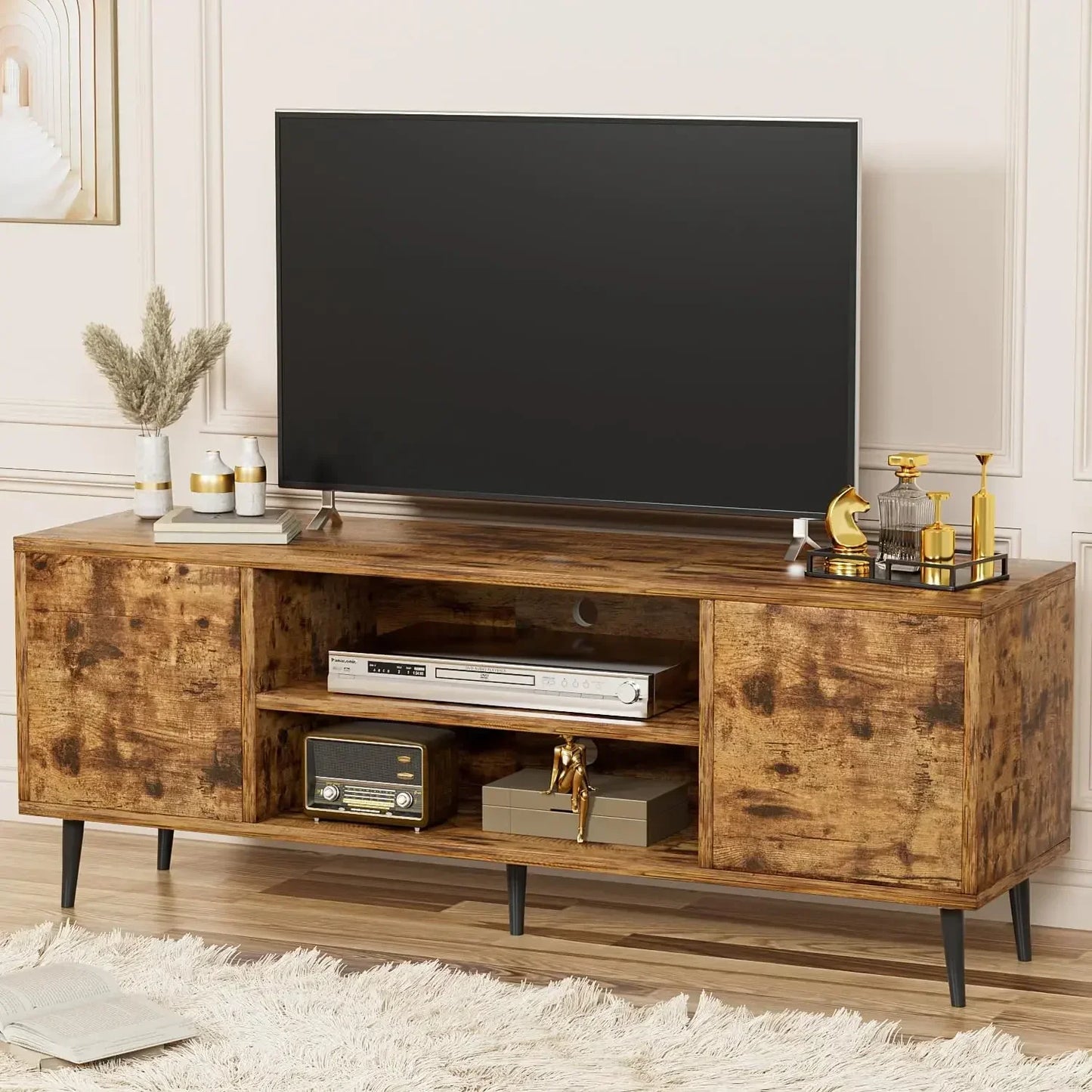 Retro-Style TV Stand for 65" TV with Storage Cabinets